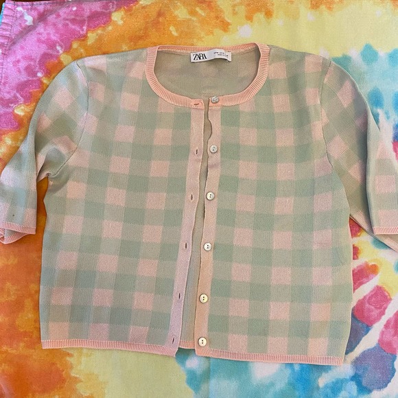 Zara green pink plaid short sleeve button up cardigan sweater, Sz M - Picture 5 of 9